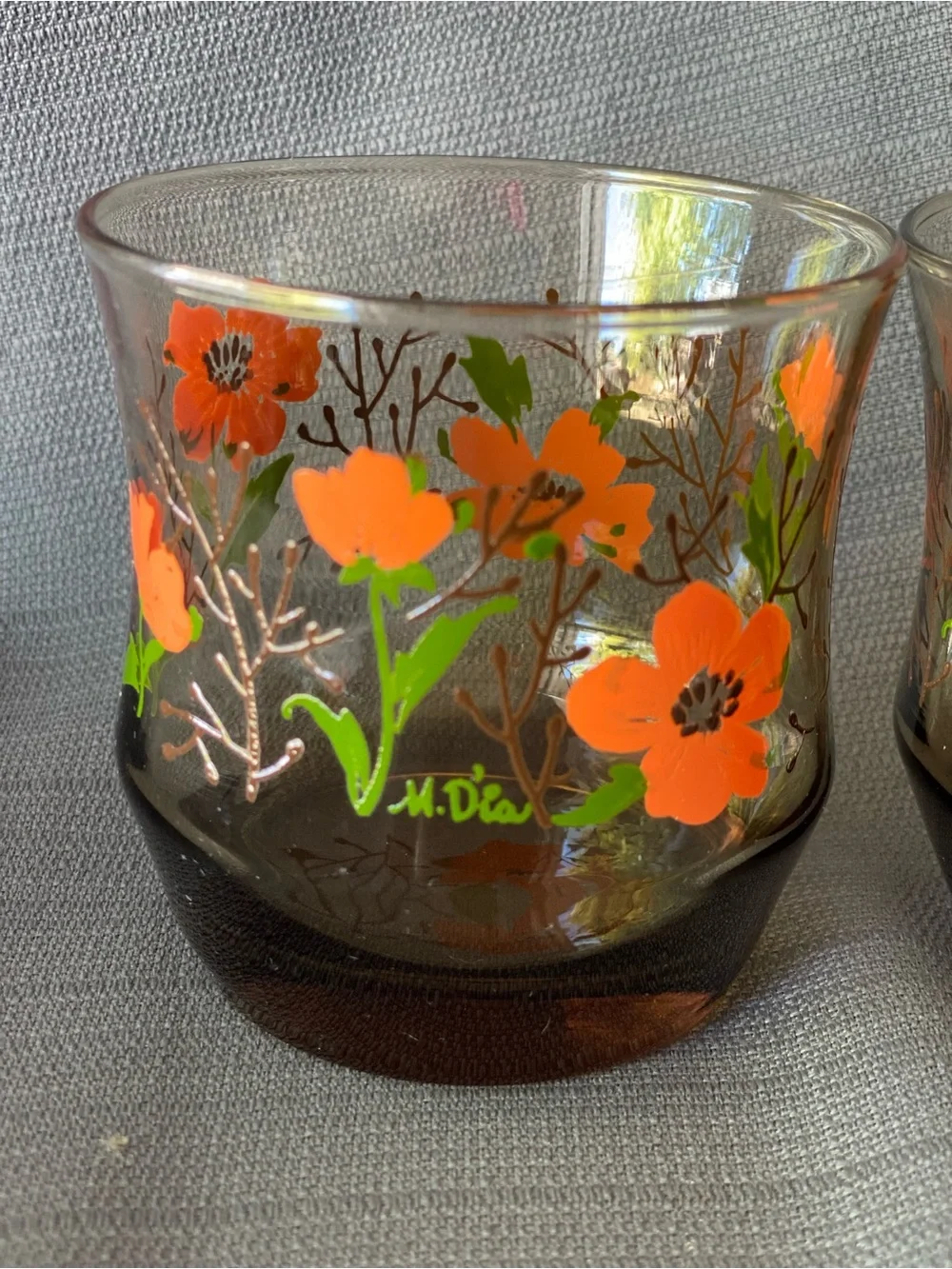 Vintage M. Dia Libbey Floral Smoked Glass Lowball Tumblers Set of 2